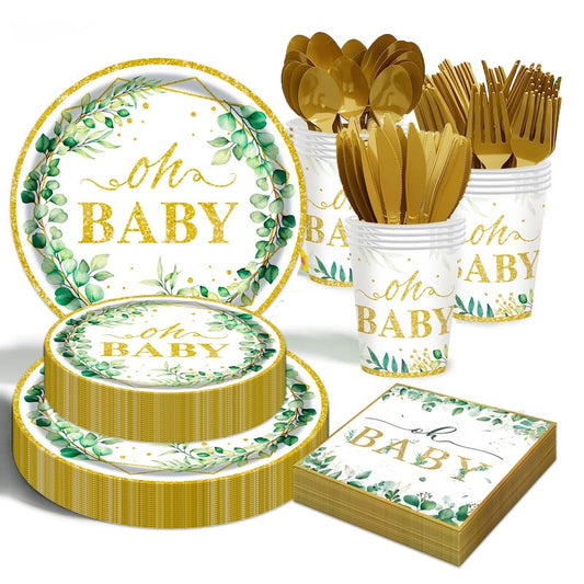 Sage Greenery Baby Shower Plates and Napkins Tableware Set - 175pcs Gender Neutral Baby Shower Decorations Oh Baby Party Supplies, Disposable Paper Plates Napkins for Baby Girl Boy Shower Decorations