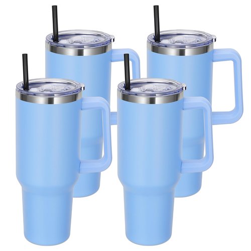 DOMICARE 40 oz Tumbler with Handle and Straw, Stainless Steel Tumbler with Lid and Straw, Reusable Vacuum Insulated Cup, Travel Coffee Mug, Blue, 4Pack