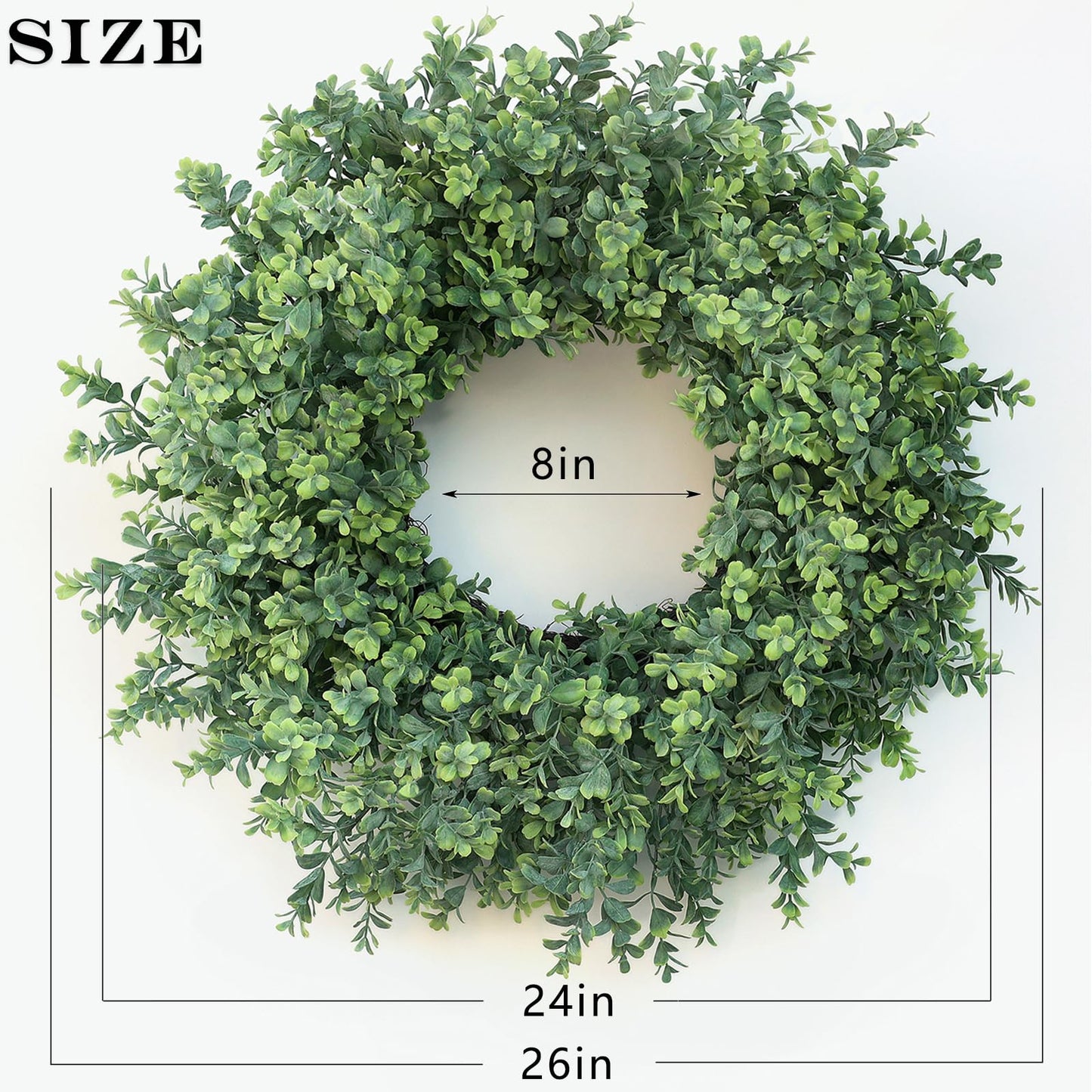 26'' Large Boxwood Wreath for Front Door, Porch, Window- Artificial Boxwood Leaves Greenery Outdoor Wreath for Home, Farmhouse Wall Decor- Spring, Summer, Fall, All Seasons (Green)