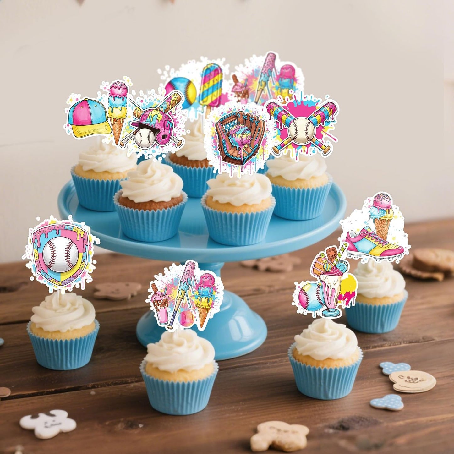 Regine Switzerland Ice Cream Drip Baseball Cupcake Toppers - 36 Pcs Birthday Party Decorations for Kids