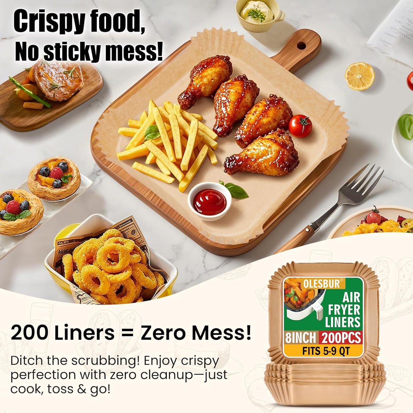 OLESBUR Air Fryer Liners - 200 Pcs Unbleached Parchment Paper, 8 Inch Non-Stick Baking Sheets