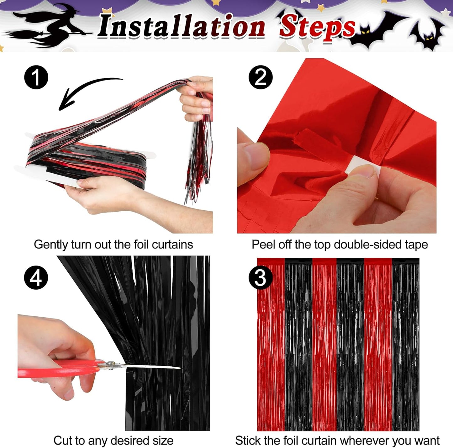 Regine Switzerland 4 Pack Halloween Wall Backdrop - Red & Black Metallic Tinsel Curtains | 3.28 FT x 7.05 FT