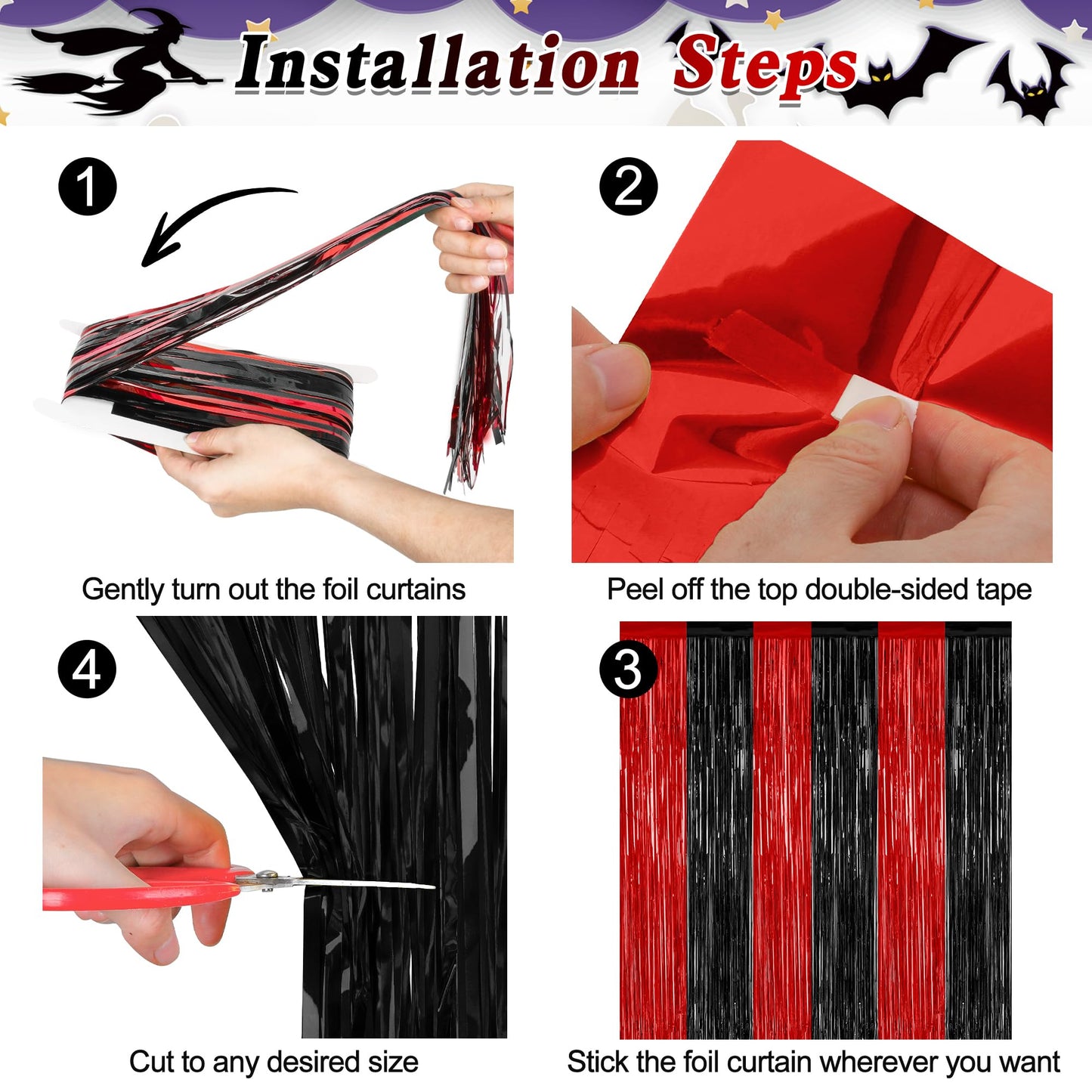 2 Pack Backdrop Curtains, 3.28 FT x 7.05 FT Black and Red Party Decor, Metallic Party Streamer Tinsel Foil Fringe Curtains, Foil Curtains Backdrop Halloween Decorations Party Supplies