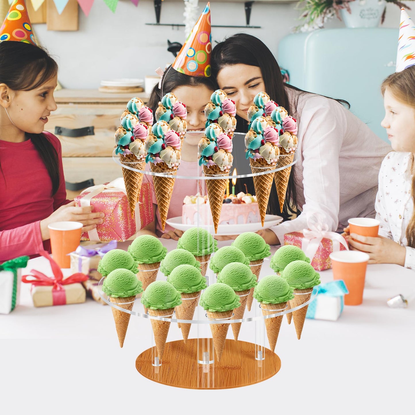 ELEGICKLIP Acrylic Ice Cream Cone Holder 23 Holes 2 Tiers Stand Clear Cupcake Stand Display Rack for Birthday Parties Weddings Christmas