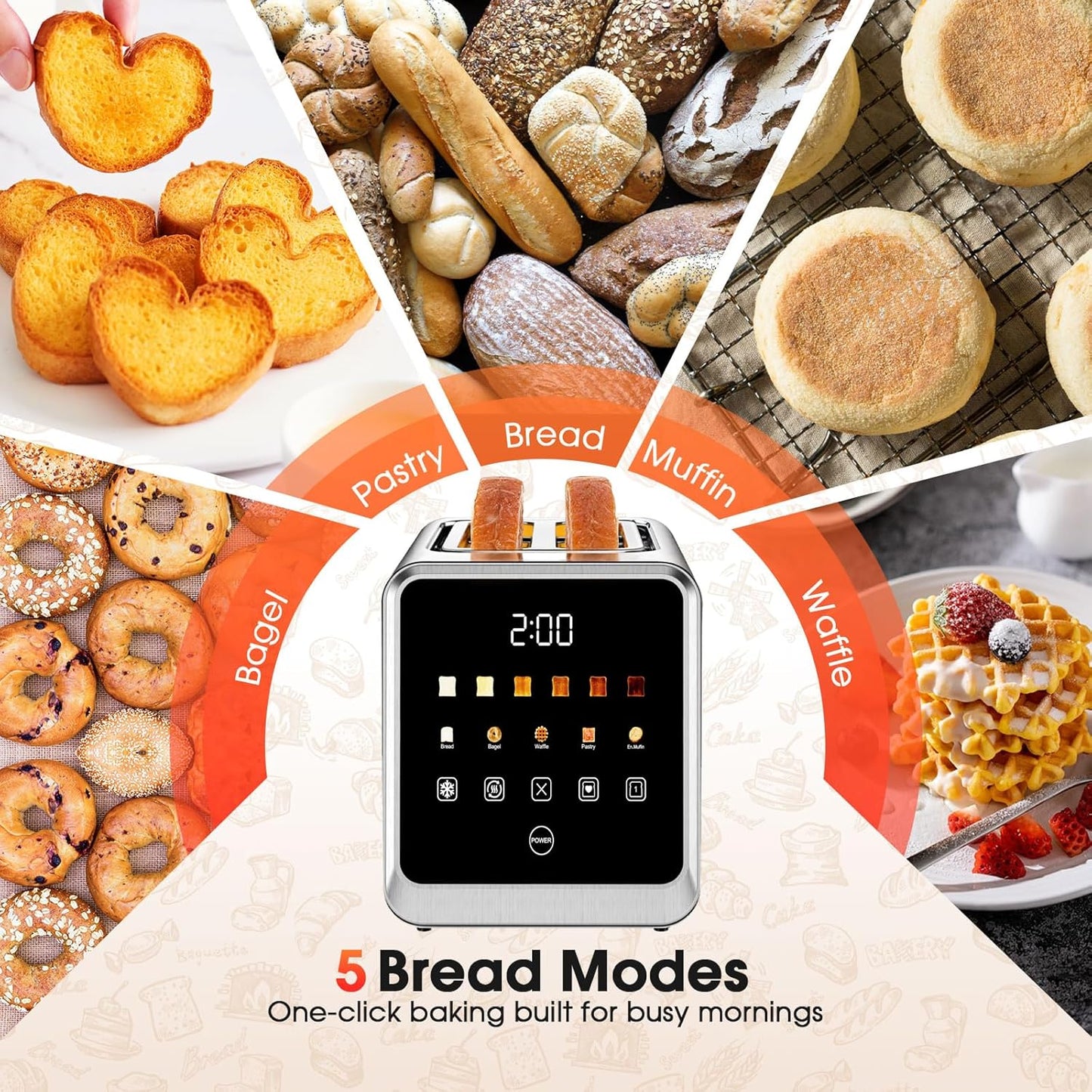 Smart Digital Touchscreen 2-Slice Toaster by [Brand Name] - Stainless Steel with Extra-Wide 1.5" Slots for Bagels & Artisan Bread | 900W Fast, Even Toasting