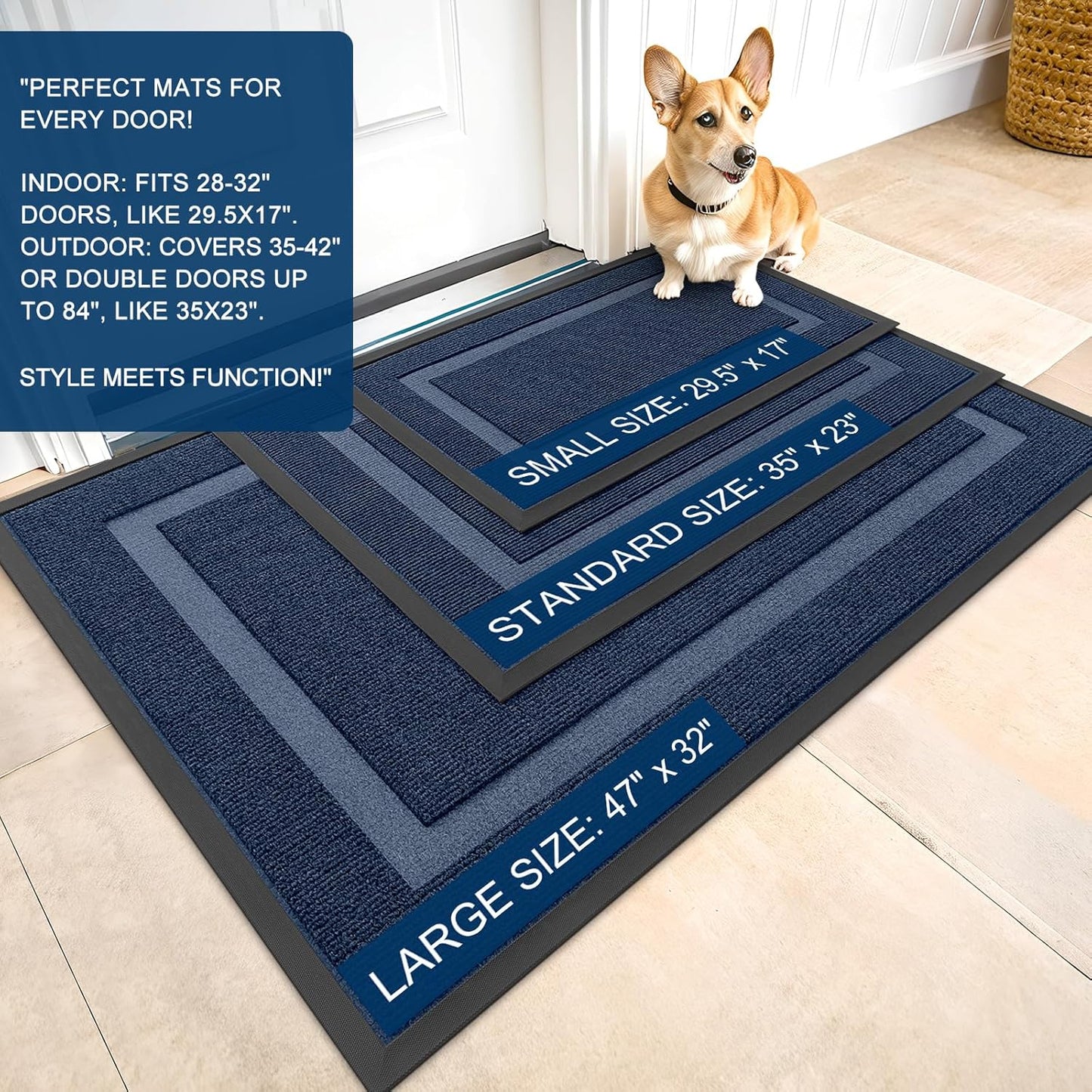 OLANLY Waterproof Front Door Mat - All-Season Indoor/Outdoor Doormat, Sturdy Rubber, Easy Clean | 47x23, Blue