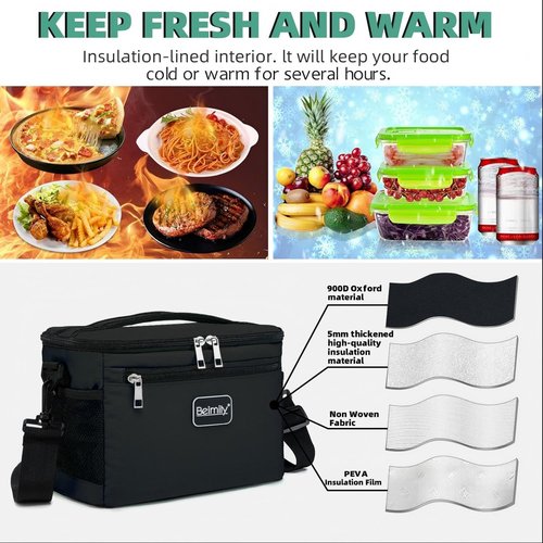 BEIMILY Insulated Lunch Box - Leak-Proof Soft Cooler Tote Bag for Work & Travel | Adjustable Shoulder Strap (Black)