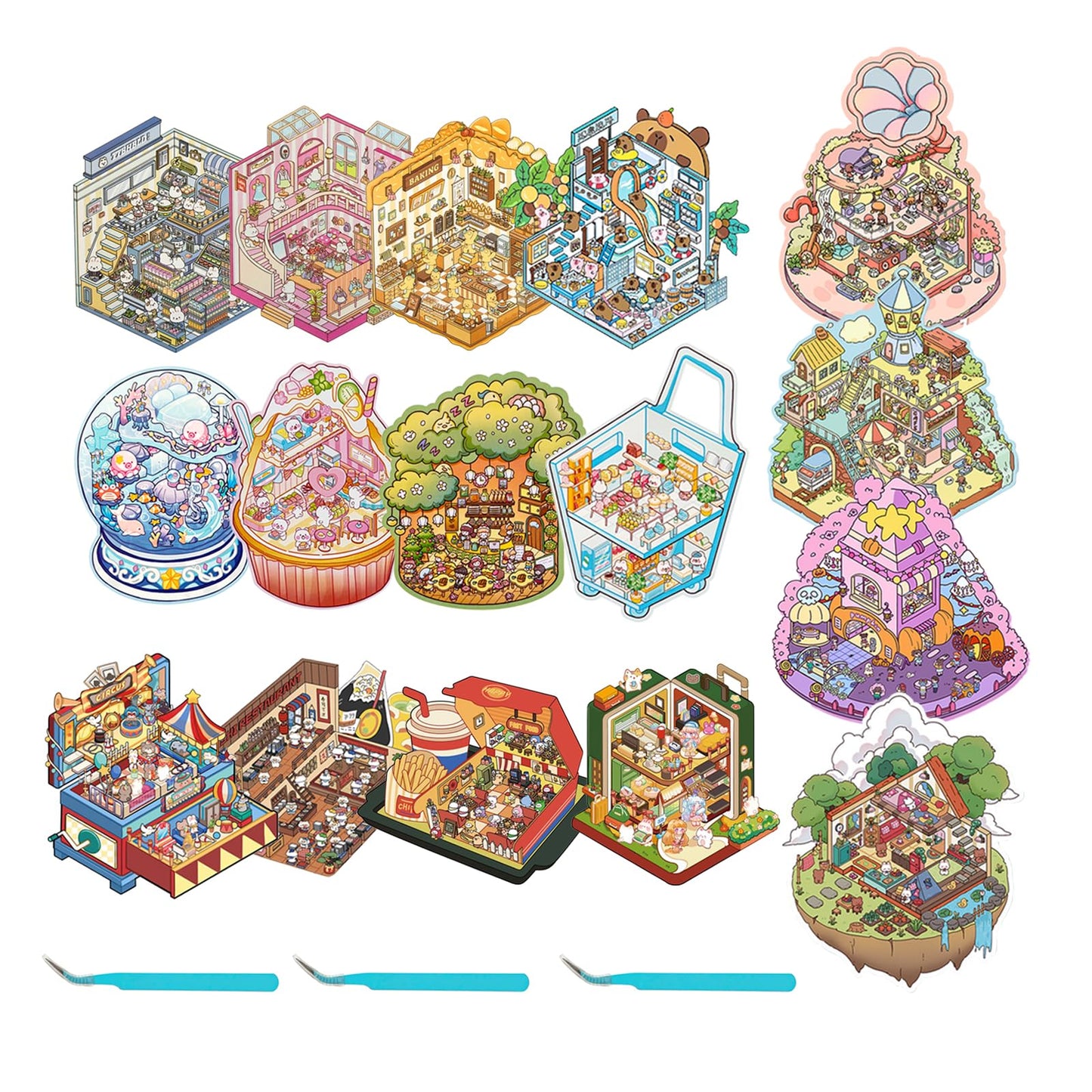 Miniature DIY 3D House Sticker Scene - 16 Sets Fun 3D Stickers for Adults Kids Relief Stress Pass The Time