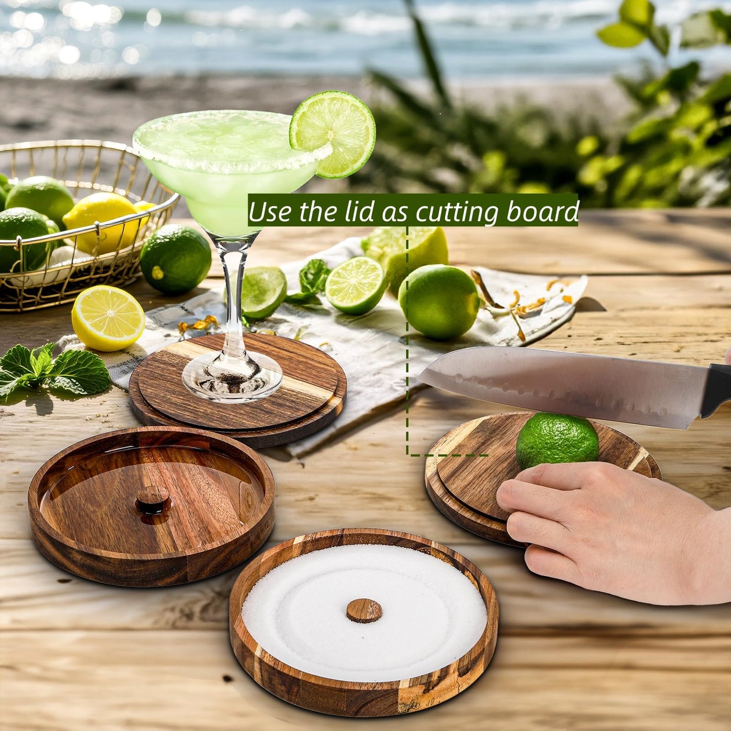 Nagpew 3 Pieces Margarita Salt Rimmer Set, Acacia Wood Glass Rimmers with Lids, Stackable Bar Rimmer Tray Spice Sugar Container for Cocktail, Home Bar, Bartenders, Glass up to 5.5''D