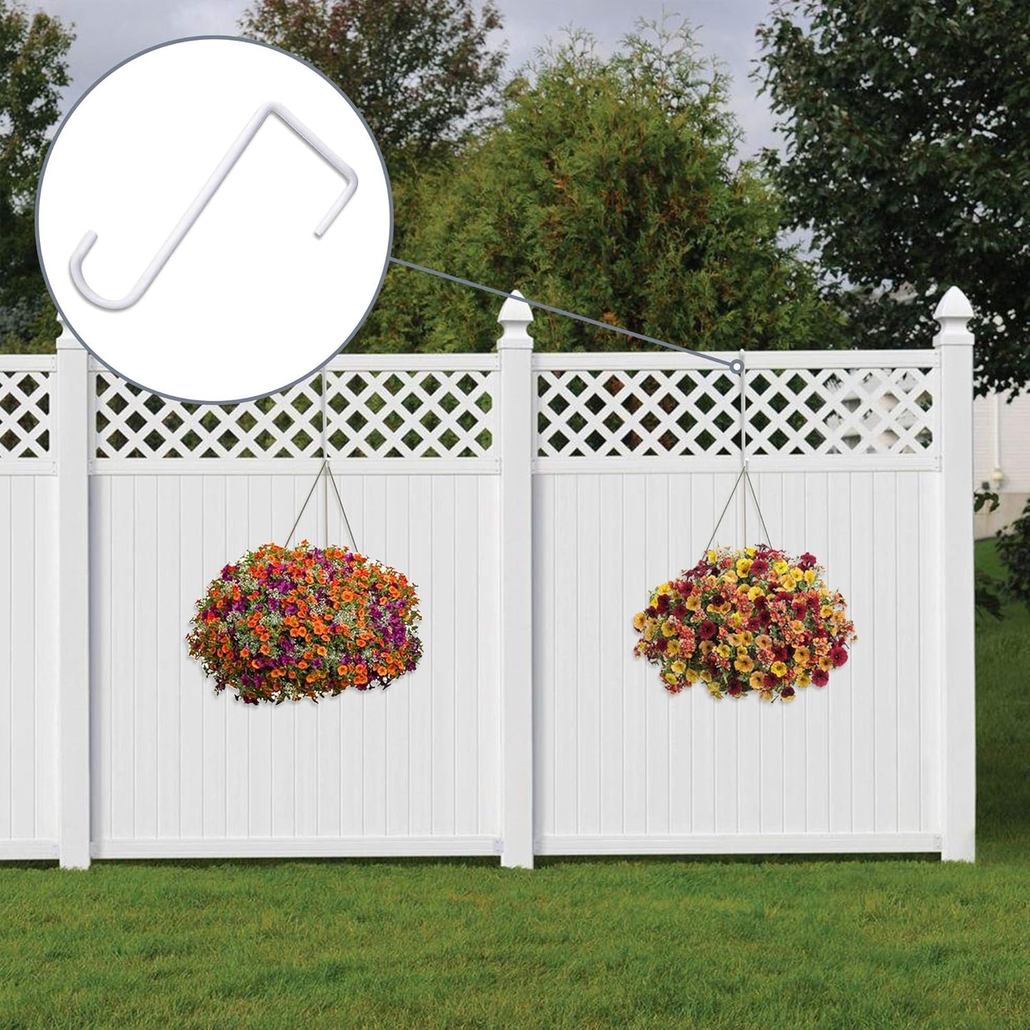 JOYSEUS Vinyl Fence Hooks - 12pcs White Powder Coated Steel Hangers for Plants & Lights | 2 x 6 Inches