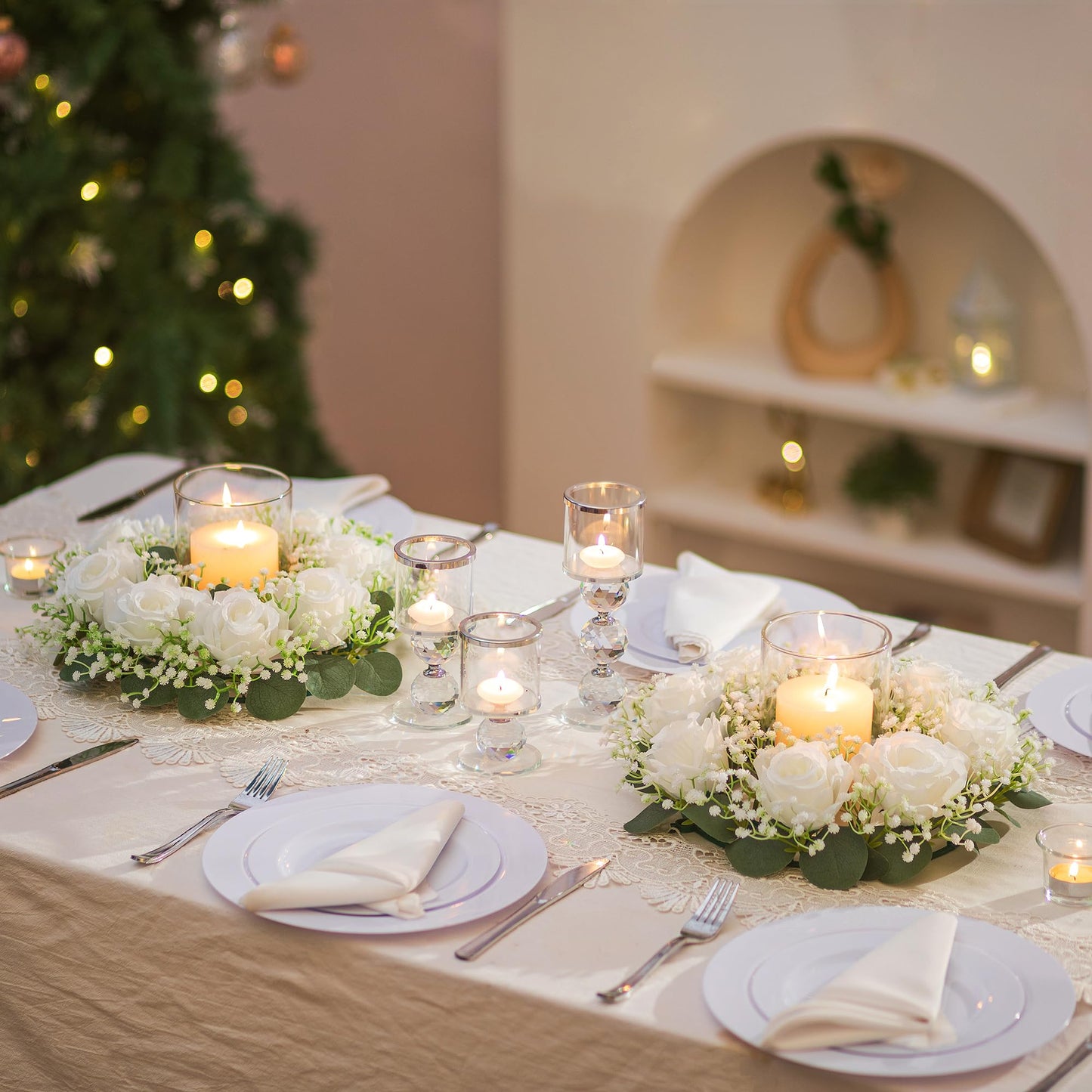 BLOSMON Wedding Flower Rings Centerpiece: 10 Pcs 14 Inch Diam Large Dusty Pink White Rose Babys Breath Fake Flowers Candle Rings Wreaths for Home Party Table Decor Artificial Spring Floral Wreath