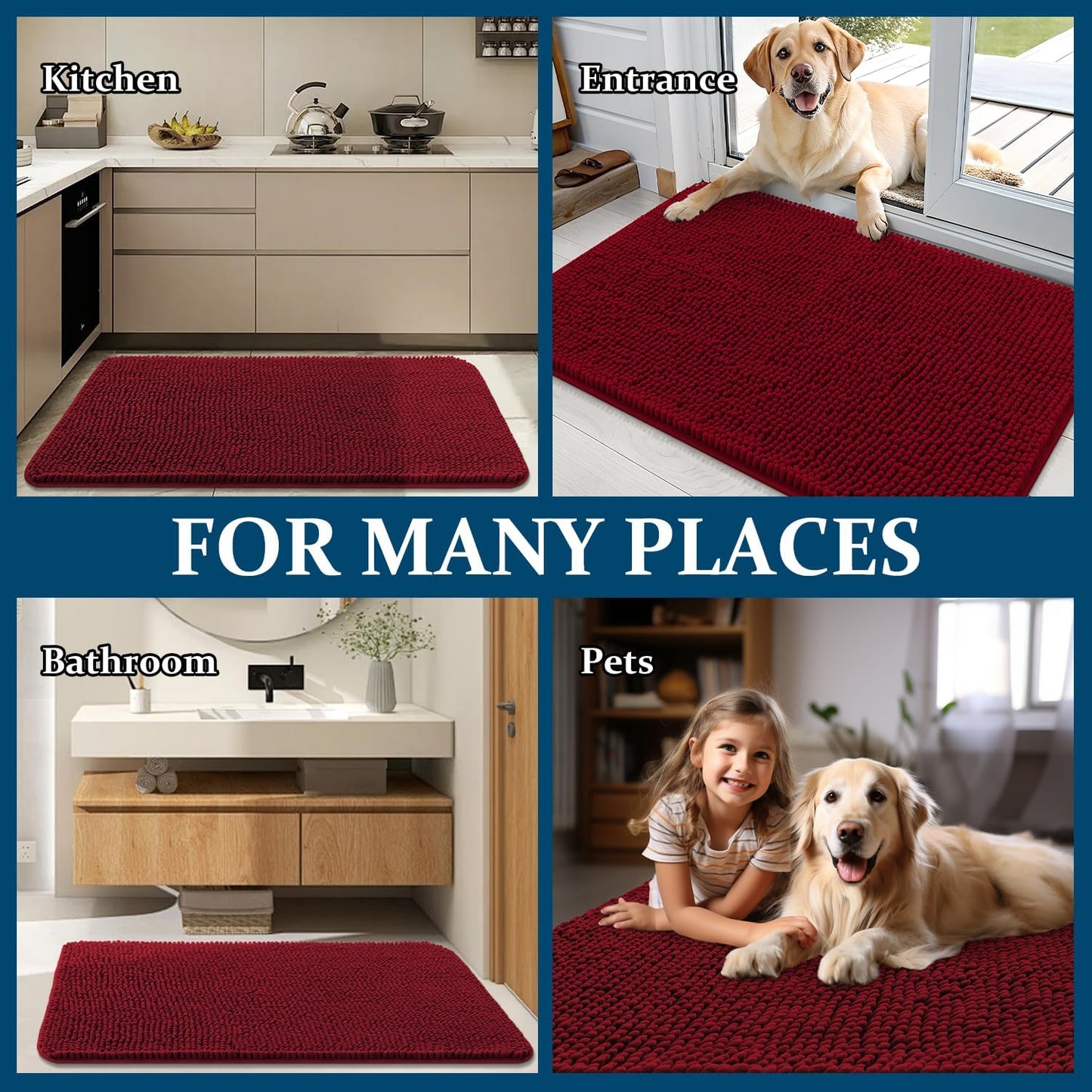 OLANLY Dog Door Mat - Absorbent Non-Slip Chenille Mat for Muddy Paws | 47x24 Red Indoor Entryway Carpet