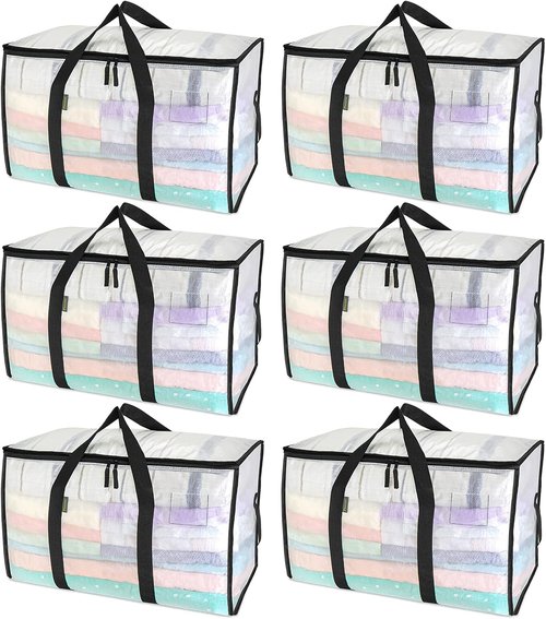 BALEINE 6-Pack Heavy-Duty Moving Bags - Oversized Storage Totes with Reinforced Handles (Clear)