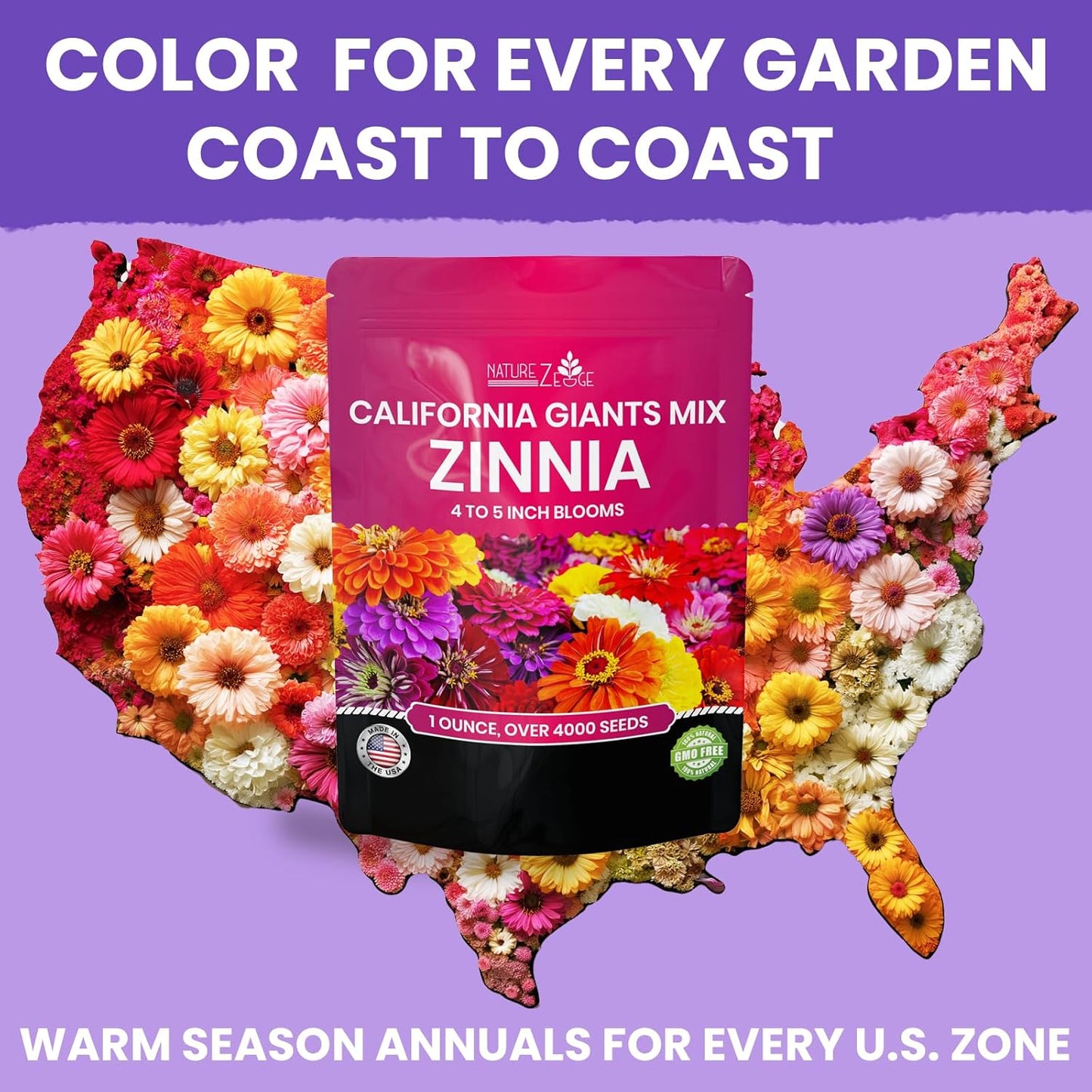 NatureZ Zinnia Seeds - Non-GMO Flower Seeds for Easy Outdoor Planting | 1/4 lb Bulk Mix