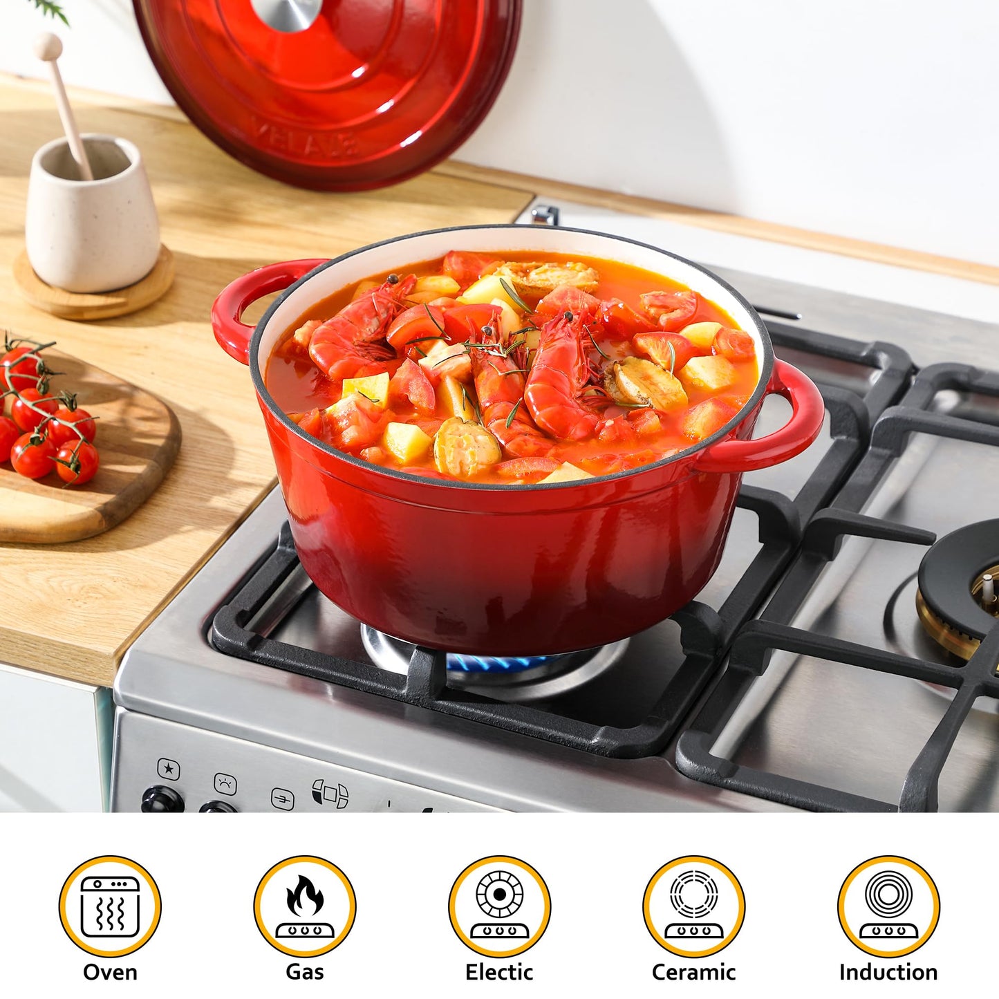 Velaze 7.5 QT Dutch Oven Pot with Lid, Enameled Cast Iron Dutch Oven with Dual Handles for Sourdough Bread Baking, Cooking, Non-stick Enamel Coated Cookware (RED)