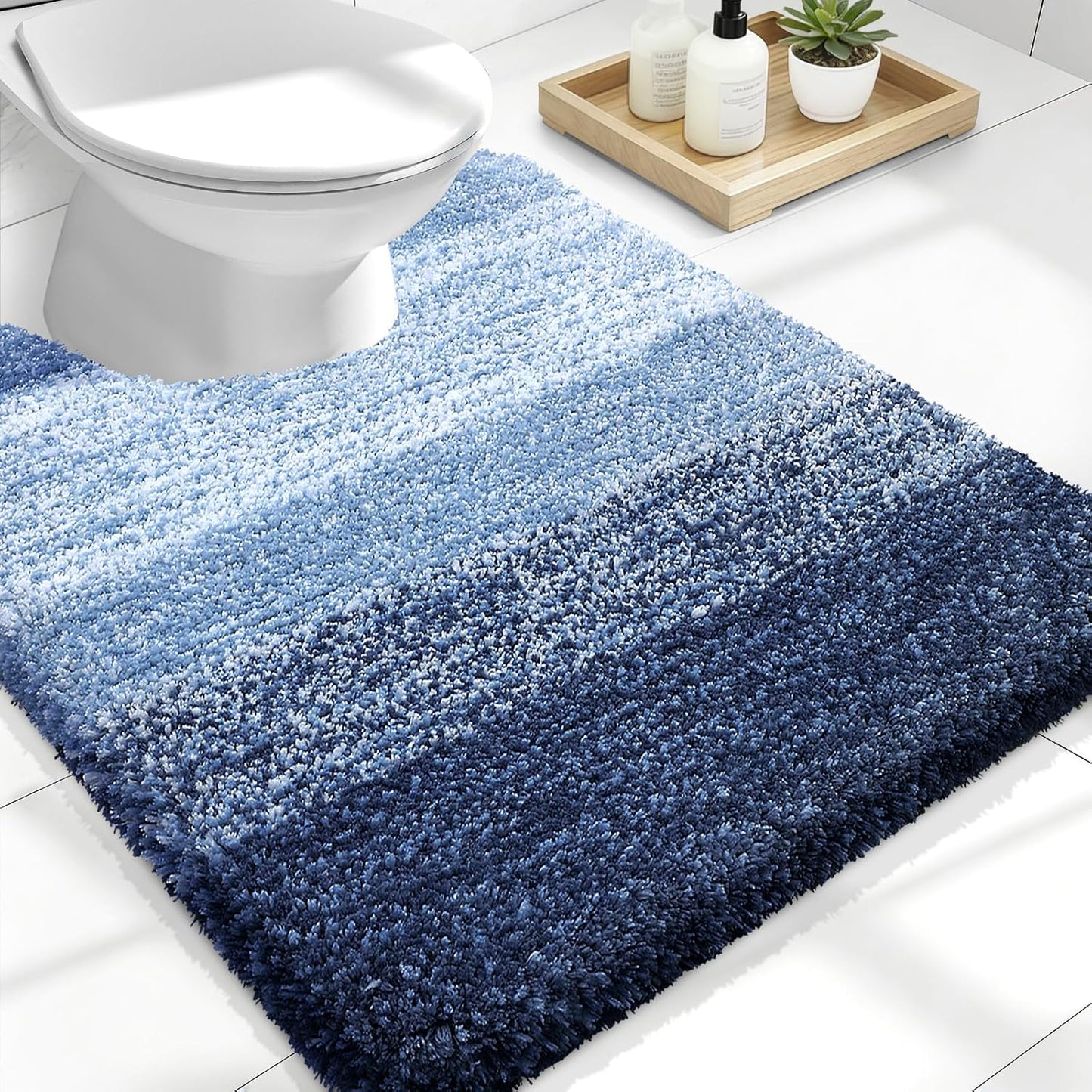 OLANLY Luxury Toilet Rugs - Extra Soft Microfiber U-Shaped Bath Mat 24x20 | Non-Slip Navy Contour Mat