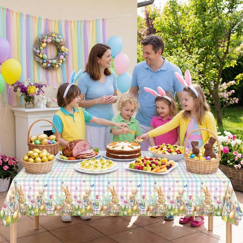 BokingOne 3 PCS Easter Tablecloth, Disposable Plastic Table Cover Rectangle 54 x 108 Inch - Bunny, Eggs, Buffalo Check Plaid Design for Spring Party Decor, Kitchen Dining Indoor Outdoor Home Decor