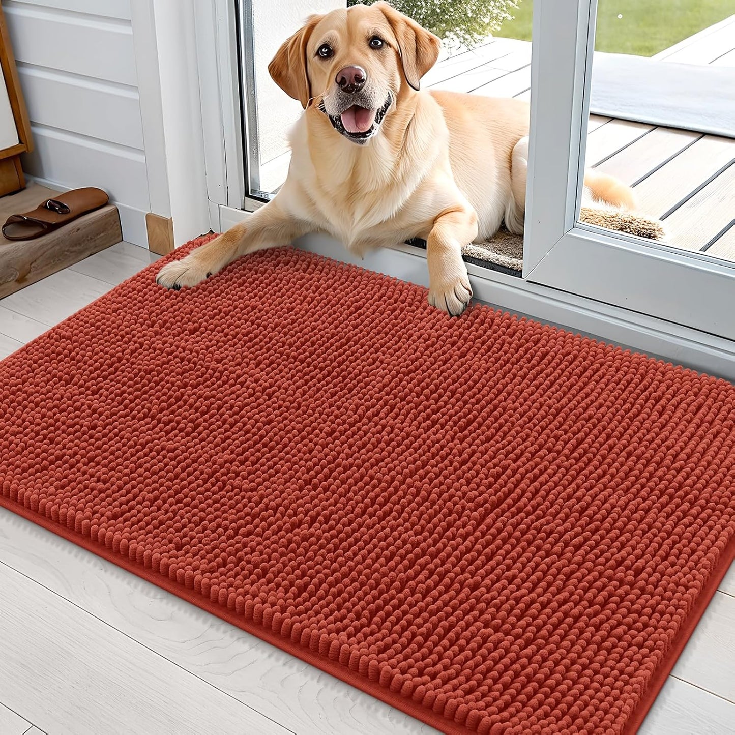 OLANLY Dog Door Mat - Absorbent Non-Slip Mud Mat for Indoor Use | 35x24, Quick Dry Chenille, Maple Red
