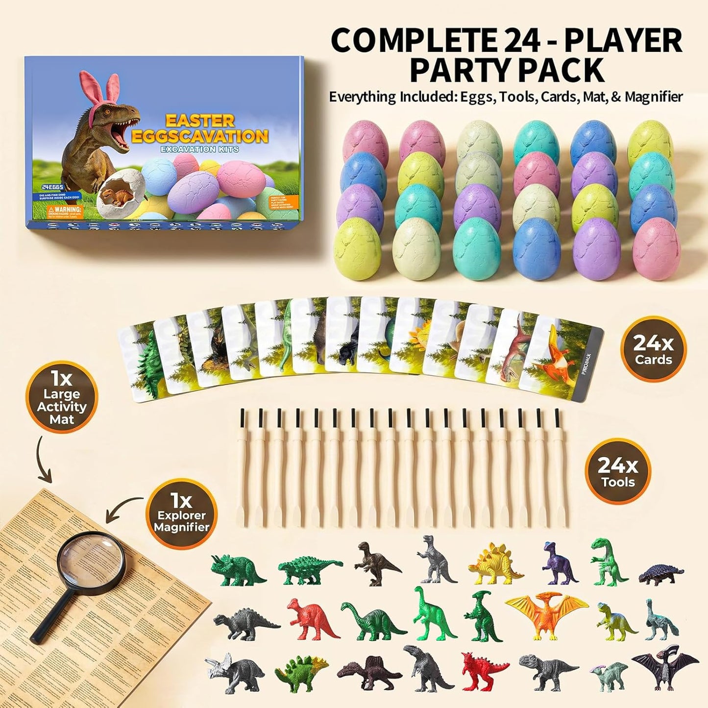 Skiennix Colorful Dinosaur Eggs Excavation Kit - STEM Learning Toy with Cards | 24 Pack for Kids Age 3+