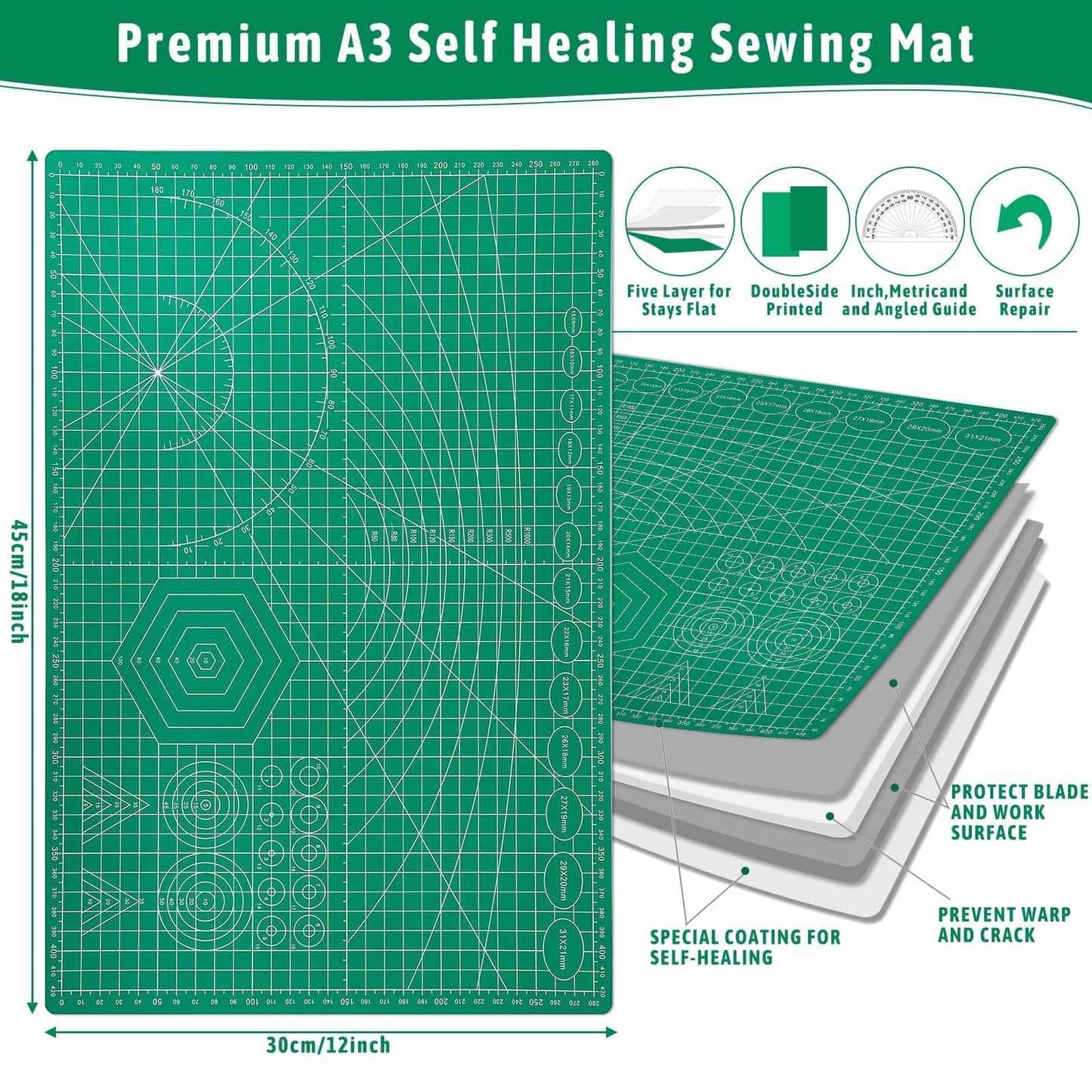 5 Pack Self Healing Cutting Mats and Exacto Knife Set, Sewing Mats with Precision Cutters and Extra 50Pcs SK5 Steel Blade 12" x 18" Work Mat for Crafts, Scrapbooking and Quilting