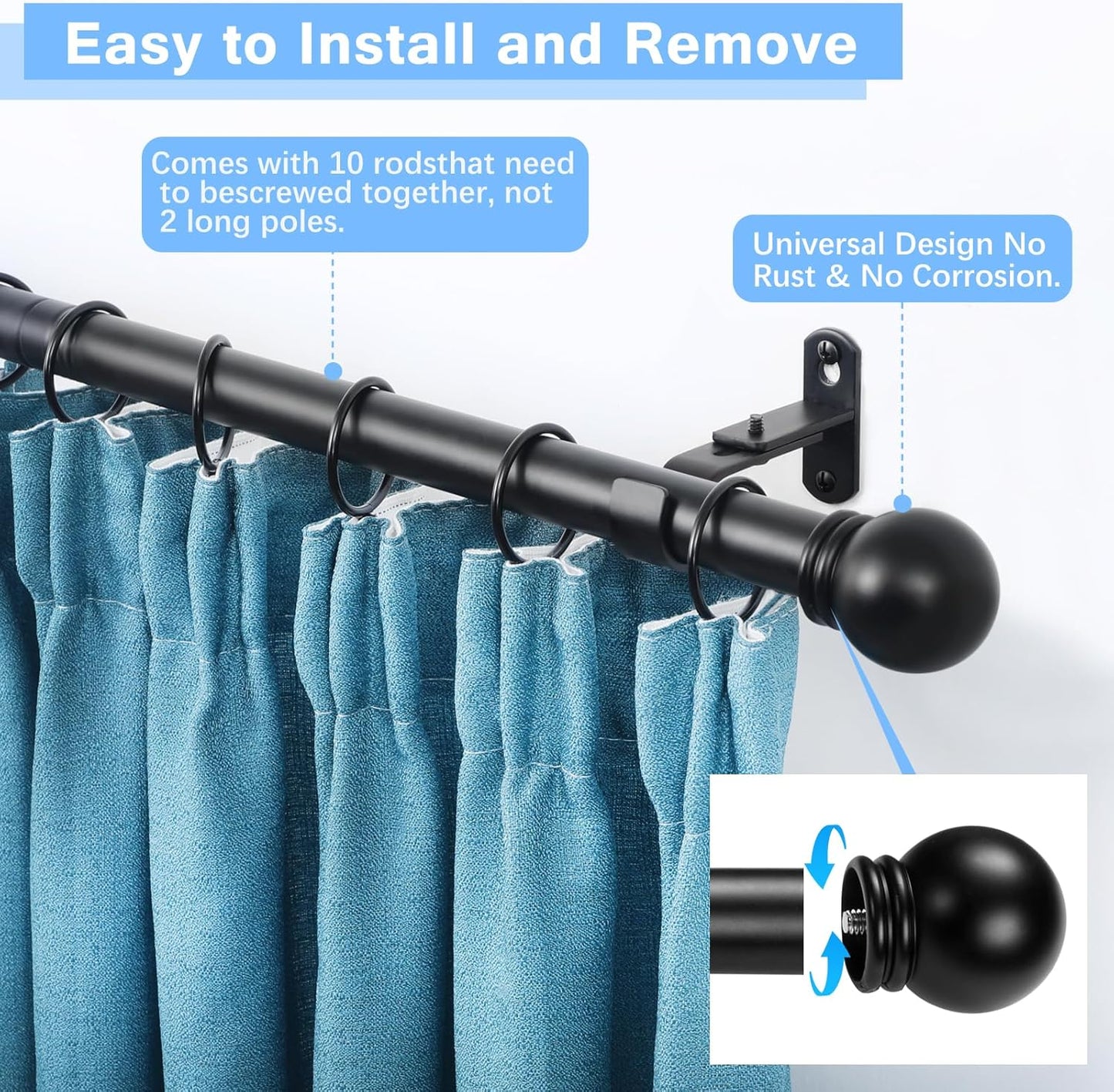 Max Adjustable Curtain Rods by [Brand Name] - Fits Windows 16 to 150 Inches | 6/8" Diameter, Black, Single Pack