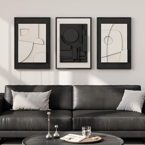 3D Textured Black and White Abstract Wall Art by [Brand Name] - Modern 3-Piece Set for Bedroom & Living Room | 16x24 In