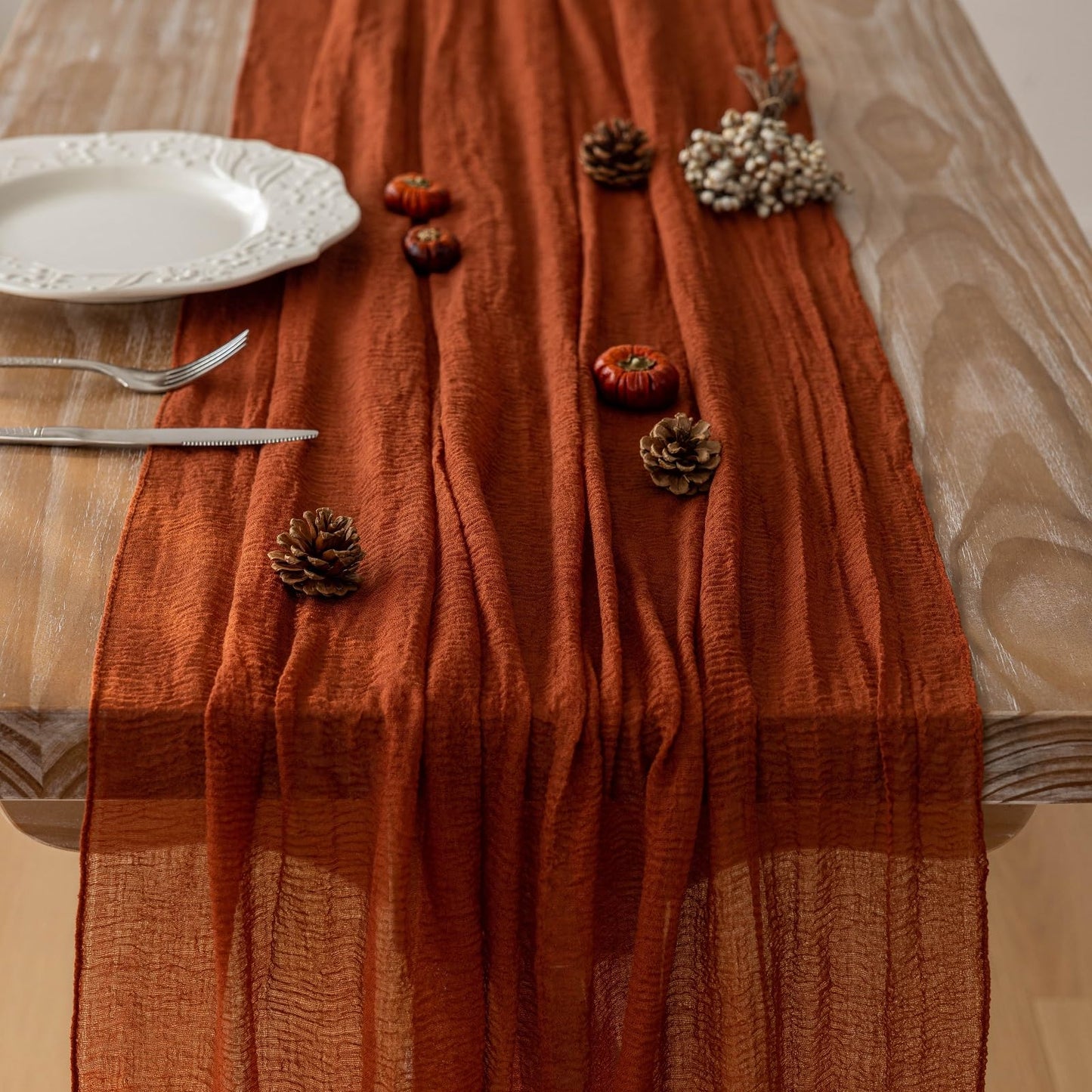 Keketoarrange 10pcs Fall Terracotta Table Runner Rust Gauze Rustic Cheesecloth 120 Inch 10 FT for Wedding Baby Shower Bridal Shower Birthday Engagement Garden Party Sheer Boho Thanksgiving Decorations