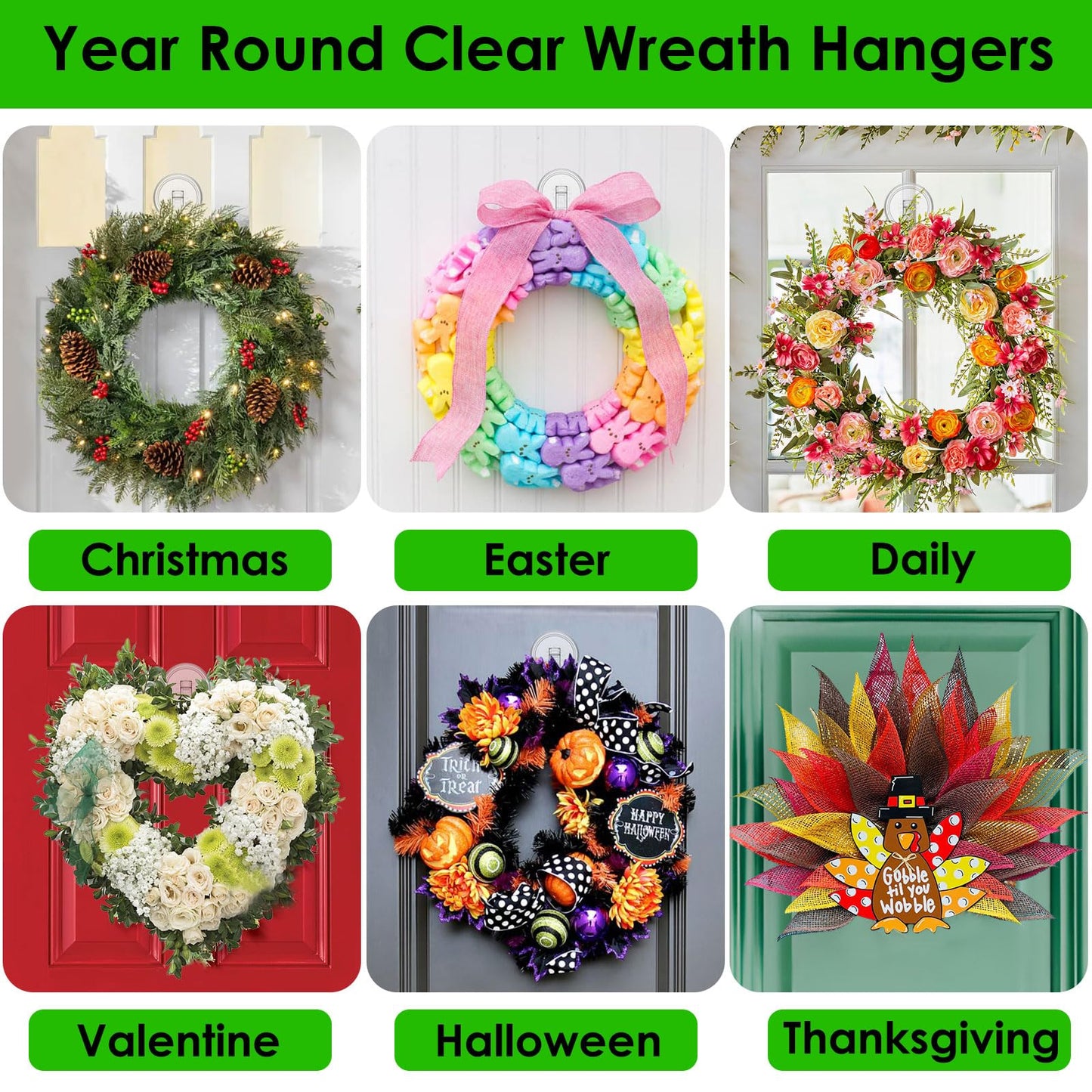 Clear Wreath-Hanger, 22 LB Strong Suction-Cup-Wreath-Hooks, 2 Pack Wreath-Door-Hanger Easter Halloween Christmas Decorations, Welcome Sign for Front Door Indoor Outdoor, Removable Holder Window Glass