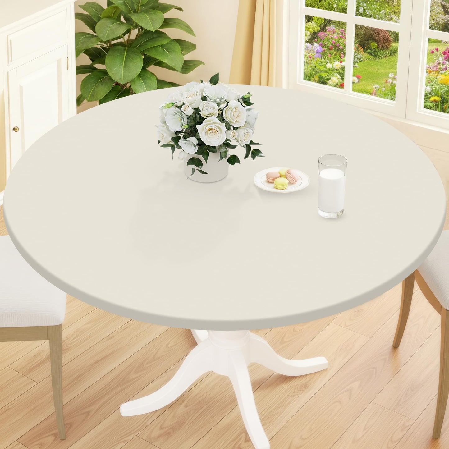 Smiry Round Picnic Tablecloth, Waterproof Elastic Fitted Table Covers for 45" - 56" Tables, Wipeable Flannel Backed Vinyl Tablecloths for Camping, Indoor, Outdoor, Ivory