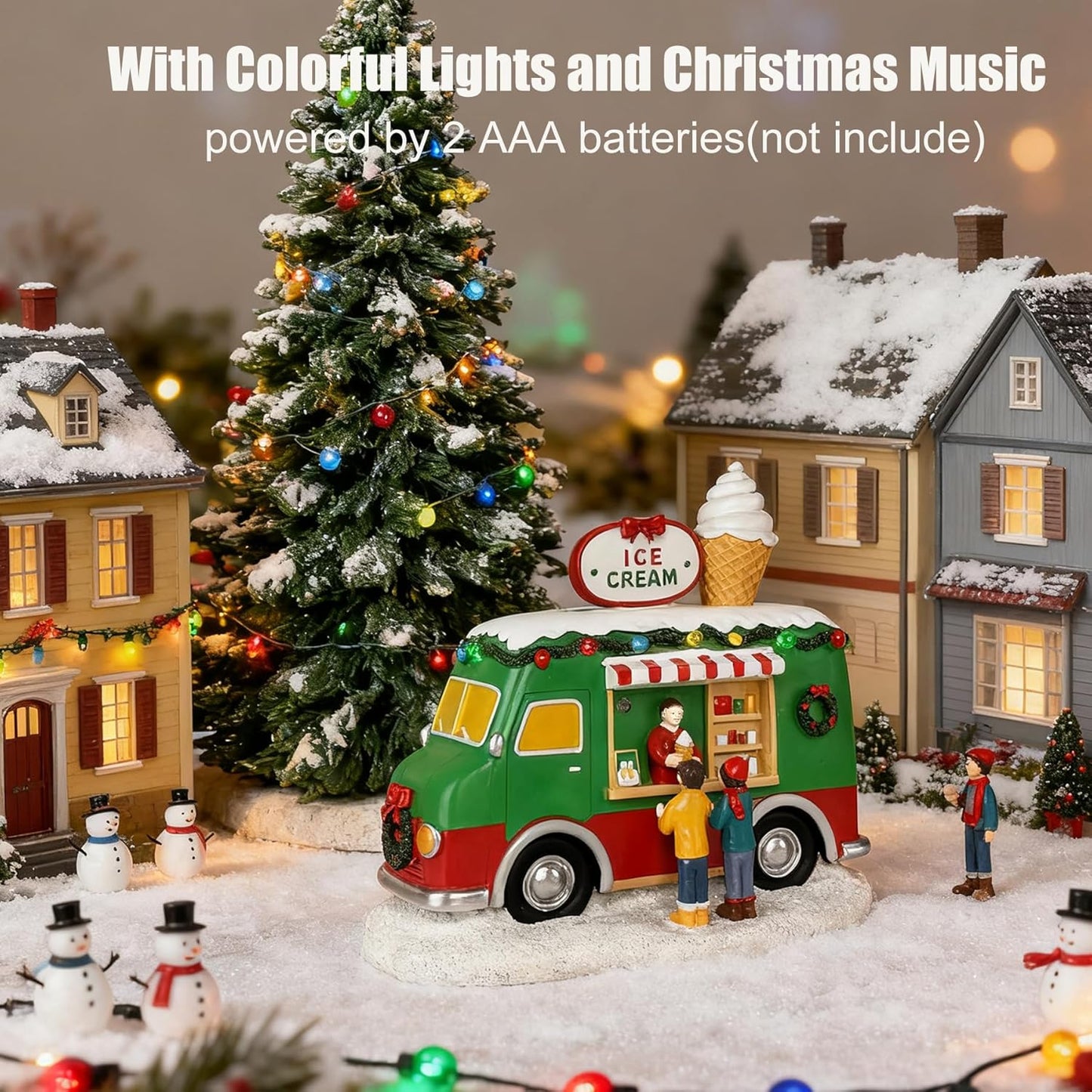 Skiennix Christmas Village Food Truck - Musical Ice Cream Car Decoration with LED Lights