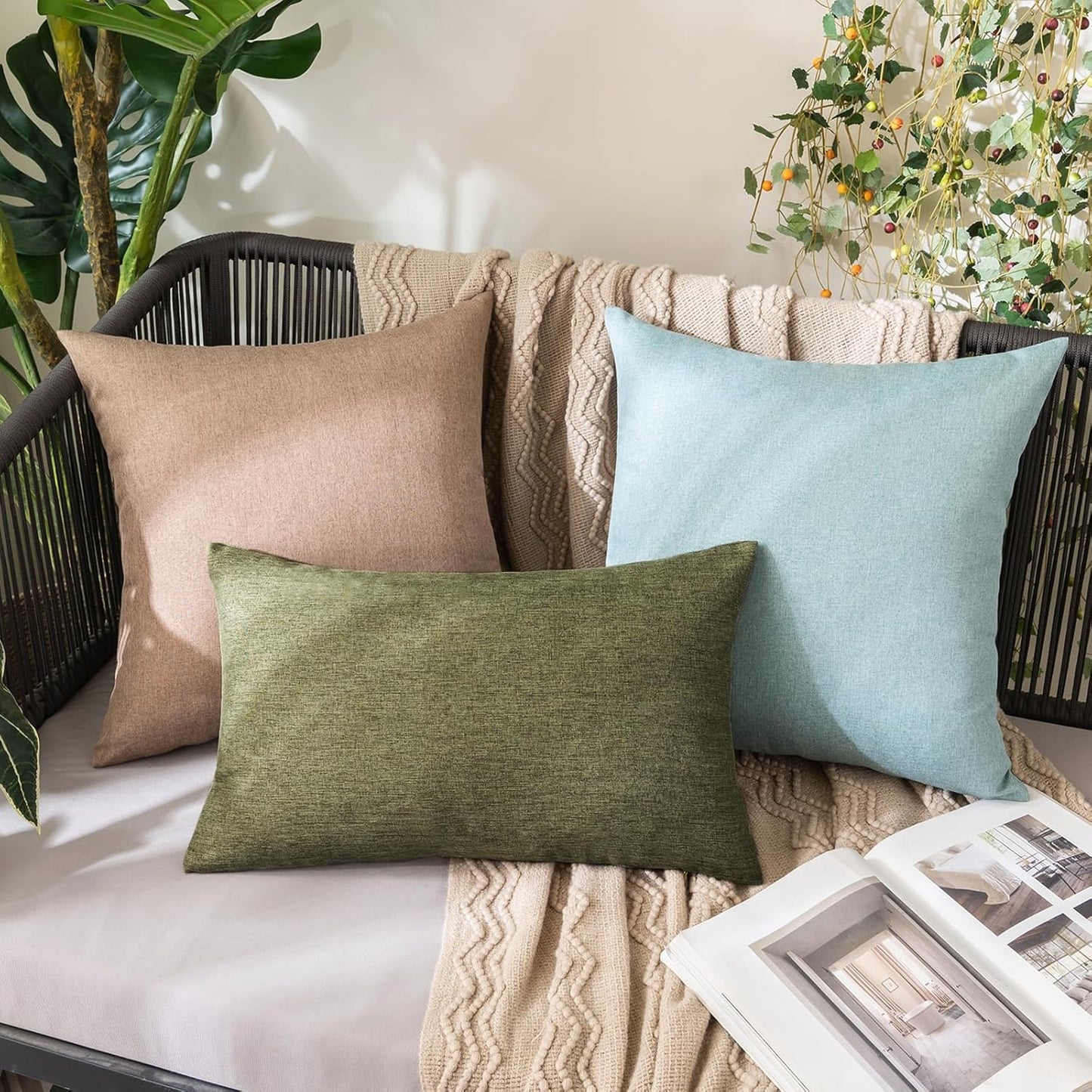 MIULEE Decorative Outdoor Throw Pillow Covers - Waterproof Faux Linen Cushion Cases | Olive Green, 20x12 Inch, Set of 2