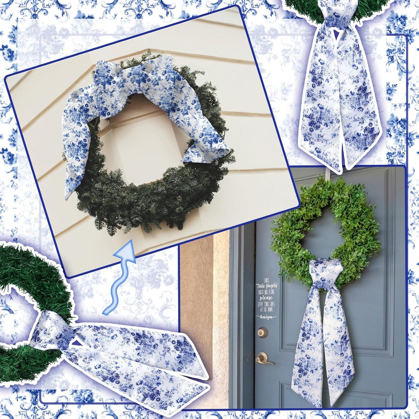 Skiennix Wreath Sash Set - Reversible Chinoiserie Decor for Monogram Garland | Indoor/Outdoor Use