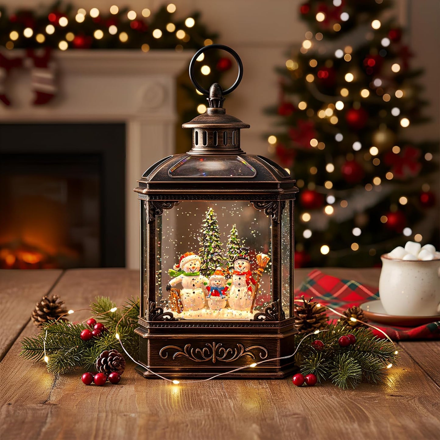 VISFLAIR Christmas Snow Globe | Lighted Snowman Family Lantern with Musical Glitter Swirl - Holiday Decor