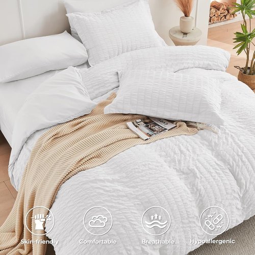 HYMOKEGE King Size Comforter Set - 7 Piece Seersucker Luxury Bedding Set for All Seasons | Includes Comforters, Sheets, Pillowcases & Shams