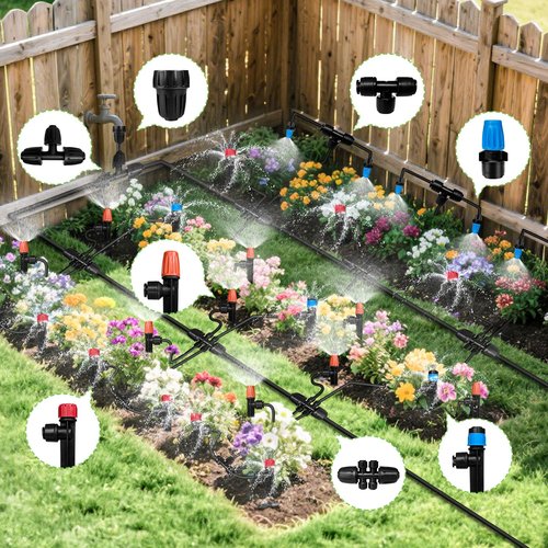 Drip Irrigation System - 230FT Garden Watering Kit with 40 Nozzles & Adjustable Sprinklers | 1/2" & 1/4" Tubing