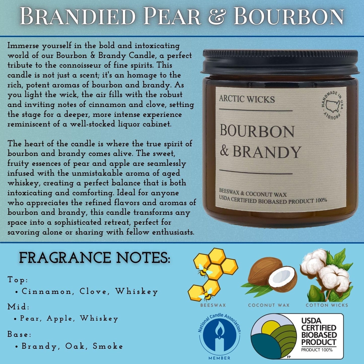 Arctic Wicks Handcrafted Candles | Non Toxic Coconut Beeswax Candles 16oz Double Wick | 100% USDA Certified Biobased, Handmade, Premium Waxes, Non-Toxic (Bourbon & Brandy, 16oz Amber Jar)