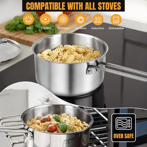 AuFranc® Tri-Ply Stainless Steel Saucepan - 2 Quart Induction Compatible with Glass Lid & Stay Cool Handle