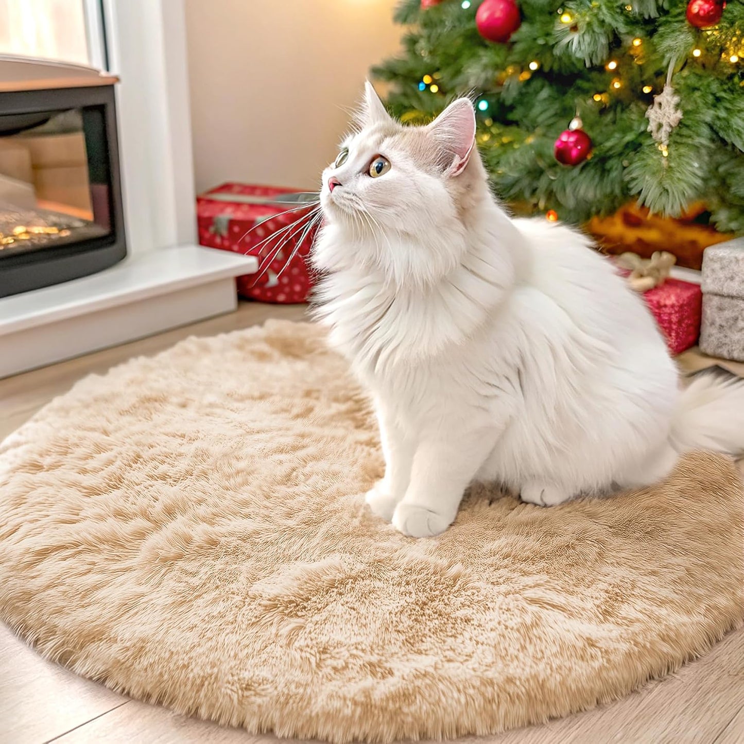 OLANLY Round Beige Area Rug - Soft, Fluffy, Machine Washable 2 ft Circle Carpet for Bedroom & Nursery Decor