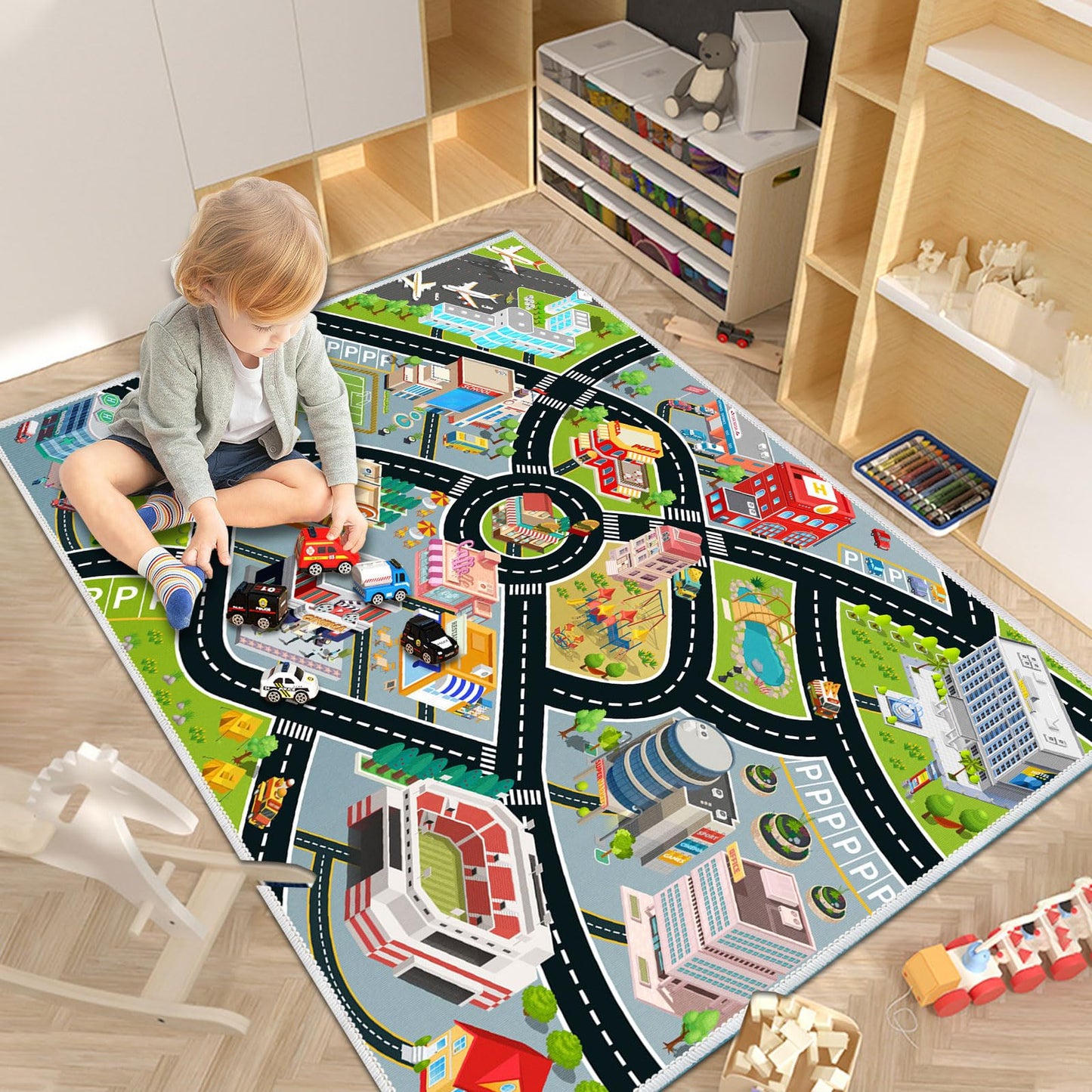 Kids Car Rug, Carpet Playmat for Toy Cars and Train, Road Traffic Play Mat for Kids, Play Area Rug with Non-Slip Backing, Ideal Gift for Children's Room playroom(4×6ft/47×71in)