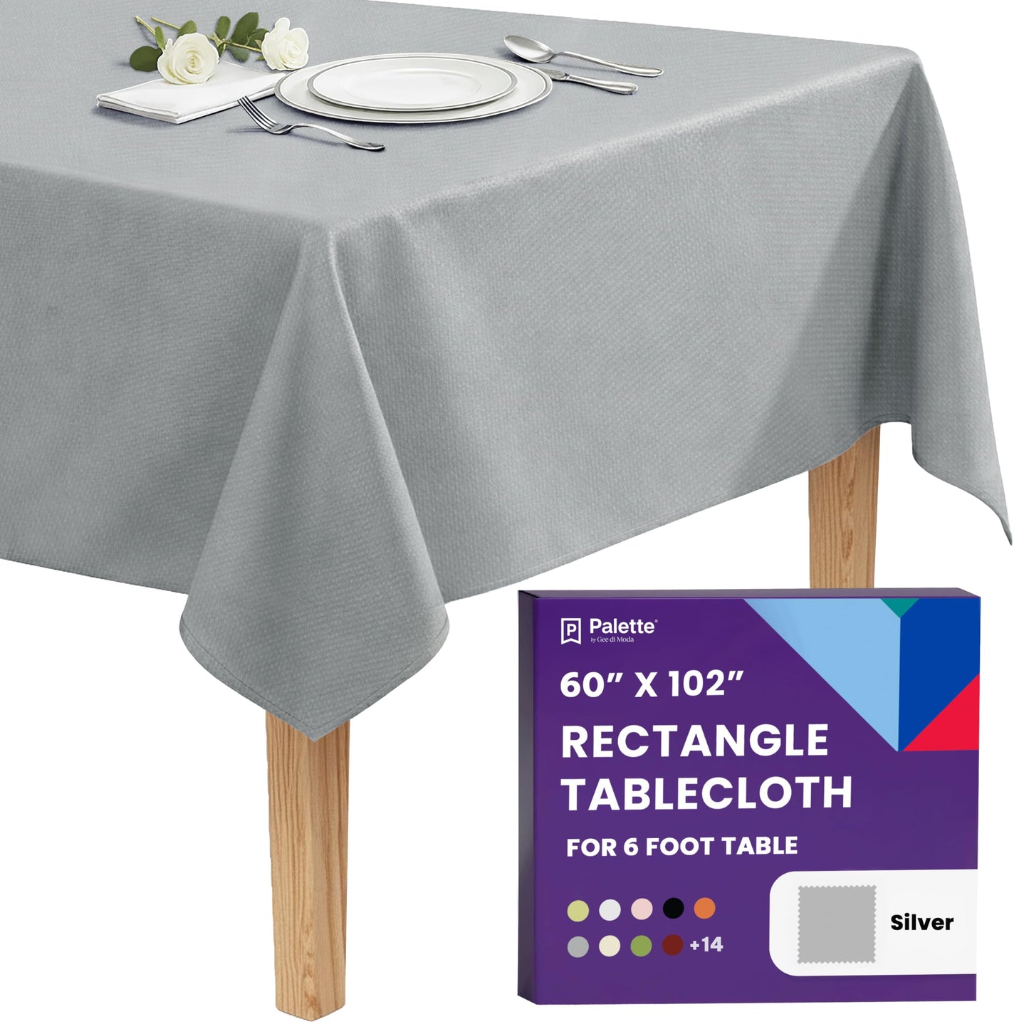 Gee Di Moda Rectangle Tablecloth - 60 x 102 Inch Silver Table Cloth for 6 Foot Rectangle Tables - Heavy Duty Washable Fabric - for Holiday Party, Dinner, Weddings, Baby Shower & Events