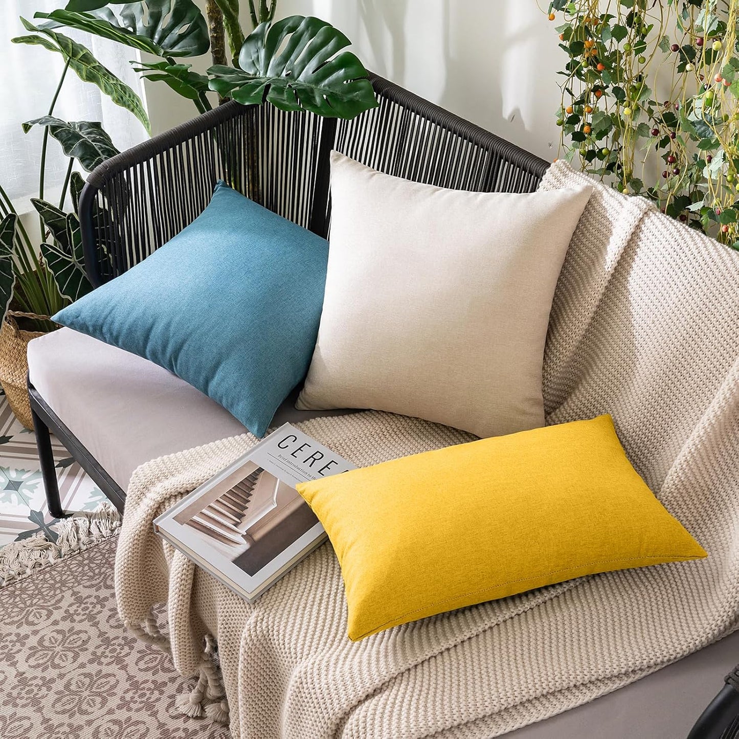 MIULEE Decorative Outdoor Throw Pillow Covers - Waterproof Faux Linen Cushion Cases | 20x20 Inch Mustard Yellow (Pack of 2)