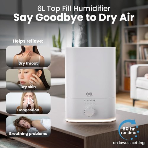 Everlasting Comfort 6L Humidifier - High Mist Output & 60 HR Runtime | Ultrasonic Top Fill for Home & Baby