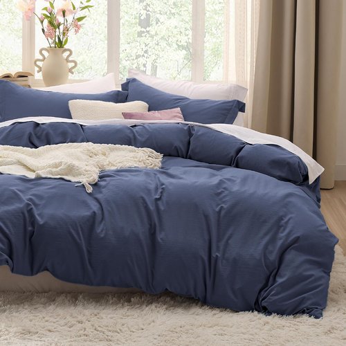 Bedsure Navy Blue Duvet Cover Set - Soft Cotton-Like Polyester, Full Size 80x90 Inches, 3 Pieces with Zipper Closure & 2 Pillow Shams