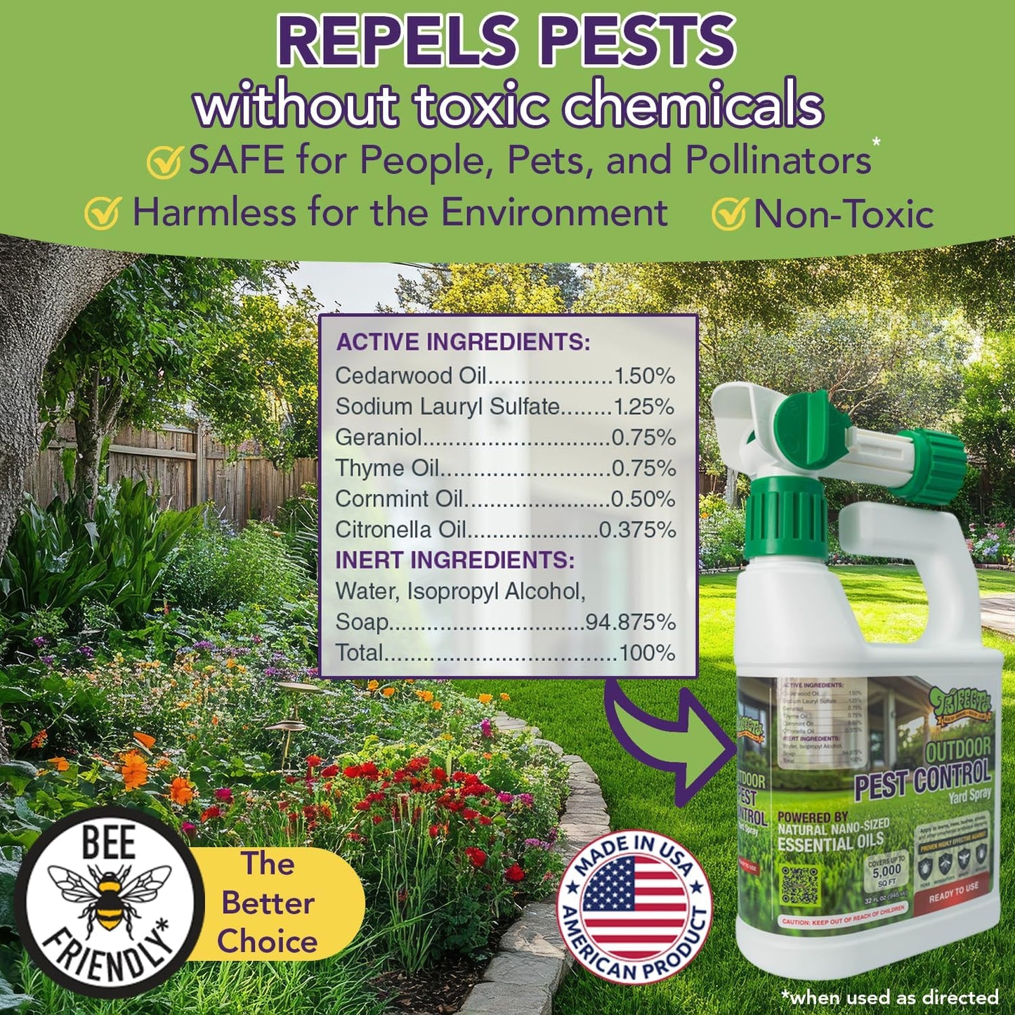 Trifecta Natural Outdoor Pest Control Yard Spray - Essential Oils Mosquito, Ant, Flea & Tick Killer | Safe for Kids & Pets | 32oz