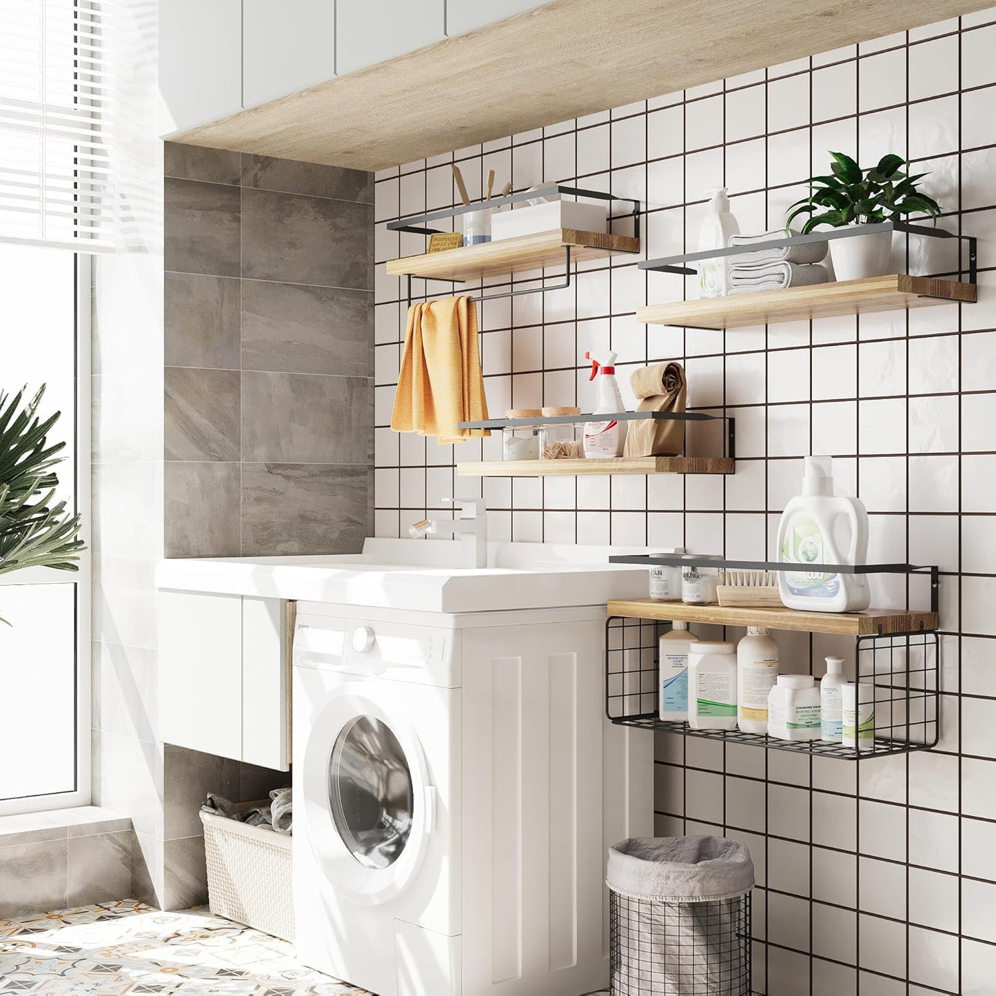 Wood Floating Shelves - 4-Tier Rustic Wall Mounted Shelves with Wire Basket & Towel Bar | Farmhouse Decor