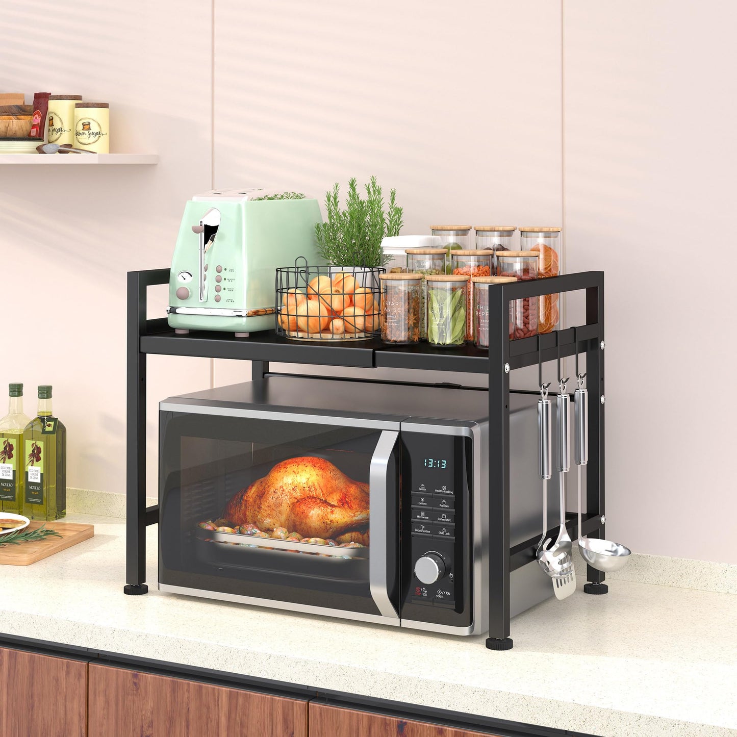 PUSDON Textured Black Microwave Oven Rack, Expandable 2-Tier Kitchen Countertop Organizer, Heavy Duty Carbon Steel Stand with 3 Hooks, Adjustable Height & Length