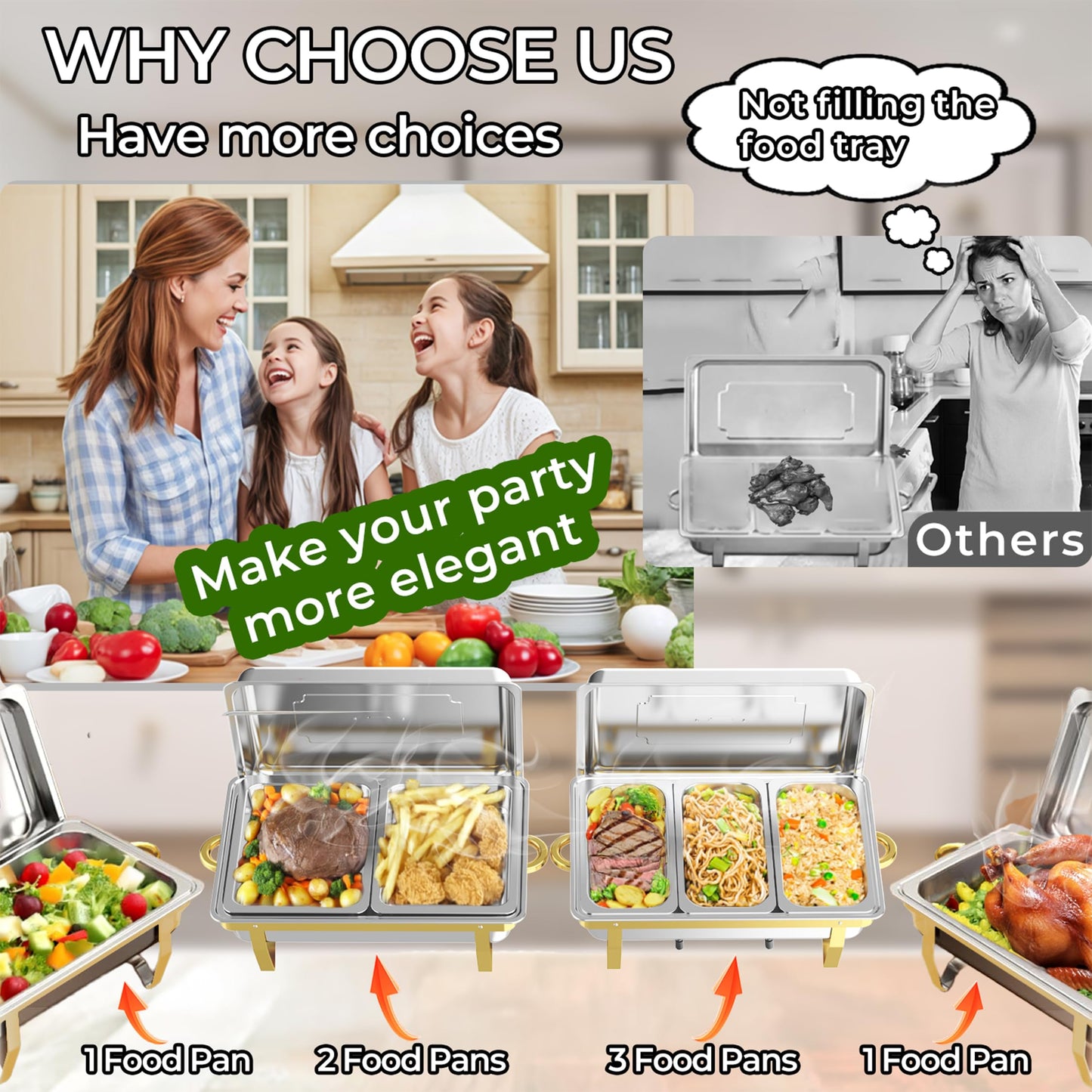 4 Pack Chafing Dishes for Buffet (Full 1/2 1/3 Size Pan), 9QT Chafing Dish Buffet Set Stainless Steel Buffet Food Warmers Sets for Catering Events Parties Dinners （Gold Silver）