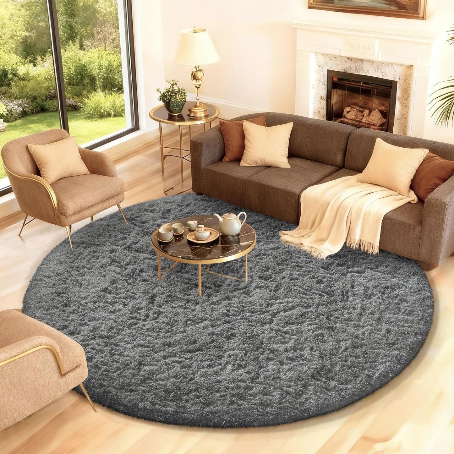 Ophanie Round Rug - 7Ft Grey Circle Area Rug | Plush Fluffy Shag Carpet for Living Room & Nursery