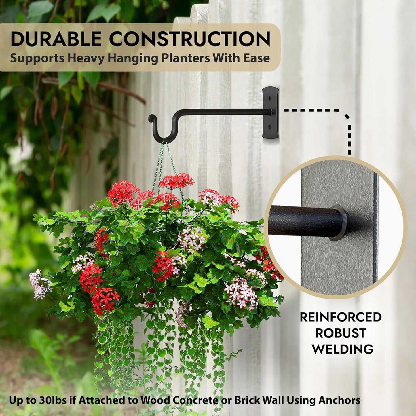 RTZEN Plant Hangers - Heavy Duty Wrought Iron Indoor/Outdoor Hooks for Baskets & Lanterns | 2 Pack (7.5" Black)