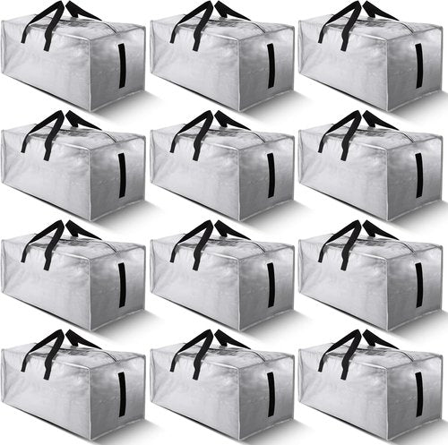 Homesure 12 Pack Large Moving Bags - Heavy Duty Water-Resistant Storage Totes with Zippers & Handles | Silver